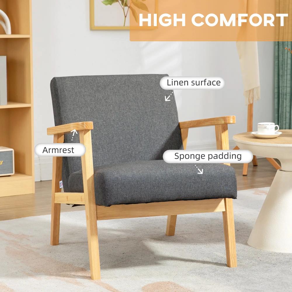 HOMCOM Fabric Accent Chair for Living Room, Arm Chair with Rubber Wood Frame and Padded Cushion, Dark Grey Additional View 4