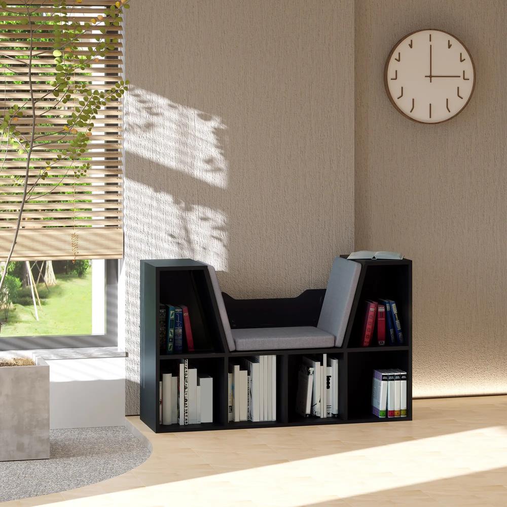 HOMCOM Bookcase Storage Shelf with Cushioned Reading Seat, Cube Bookshelf Organizer for Bedroom Living Room Additional View 2