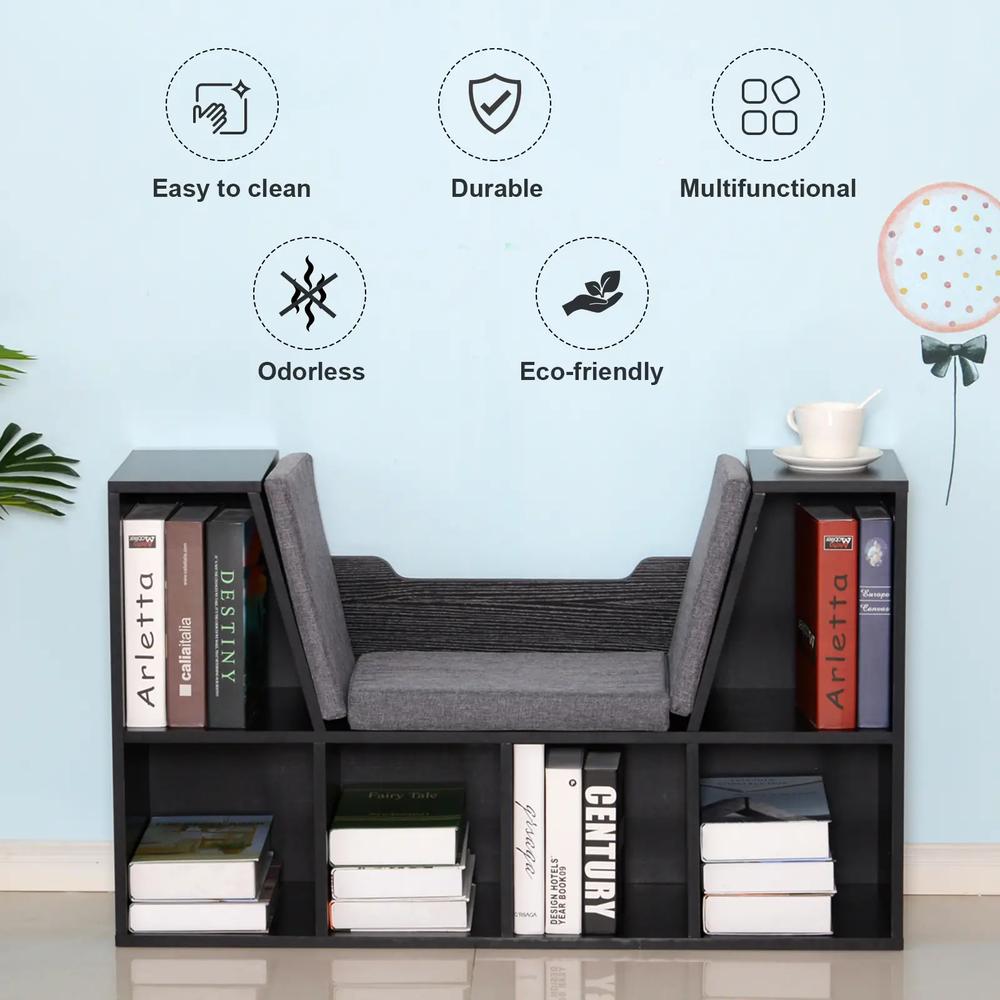 HOMCOM Bookcase Storage Shelf with Cushioned Reading Seat, Cube Bookshelf Organizer for Bedroom Living Room Additional View 11
