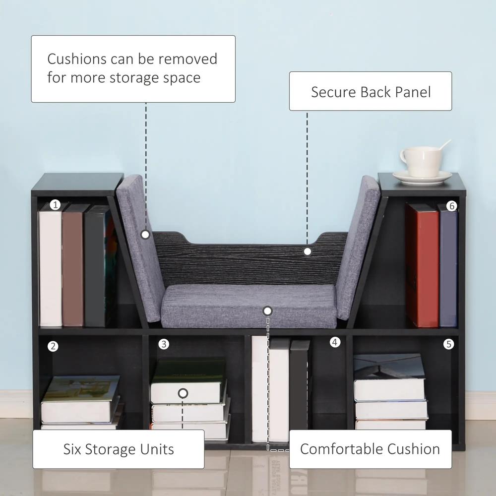 HOMCOM Bookcase Storage Shelf with Cushioned Reading Seat, Cube Bookshelf Organizer for Bedroom Living Room Additional View 6