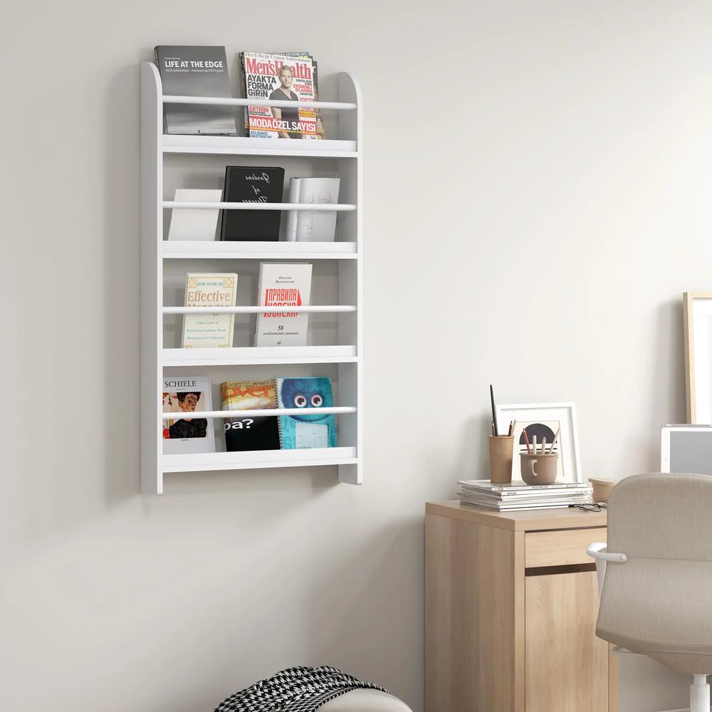 HOMCOM Bookcase, 4 Tier Wall Mounted Bookshelf, 15cm Depth Storage Shelving Rack for Bedroom Nursery Office Home, Accessories Supplies, White Additional View 2