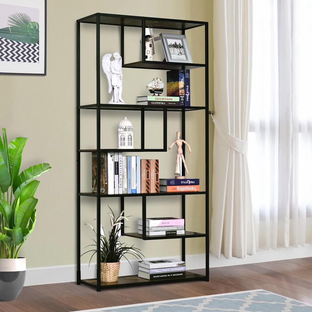 HOMCOM 6 Tier Bookcase, Industrial Tall Shelf Unit with Steel Frame for Home Office, Study, Living Room, Hallway, 82 x 33.5 x 175 cm, Rustic Brown and Black Additional View 2
