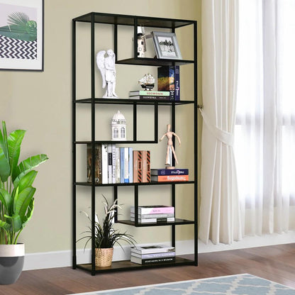 HOMCOM 6 Tier Bookcase, Industrial Tall Shelf Unit with Steel Frame for Home Office, Study, Living Room, Hallway, 82 x 33.5 x 175 cm, Rustic Brown and Black Additional View 2