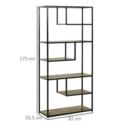 HOMCOM 6 Tier Bookcase, Industrial Tall Shelf Unit with Steel Frame for Home Office, Study, Living Room, Hallway, 82 x 33.5 x 175 cm, Rustic Brown and Black Additional View 3