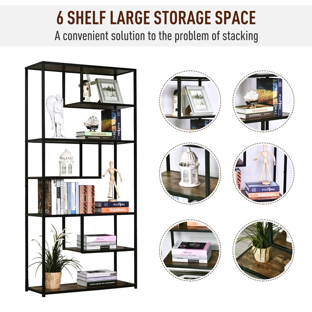 HOMCOM 6 Tier Bookcase, Industrial Tall Shelf Unit with Steel Frame for Home Office, Study, Living Room, Hallway, 82 x 33.5 x 175 cm, Rustic Brown and Black Additional View 4