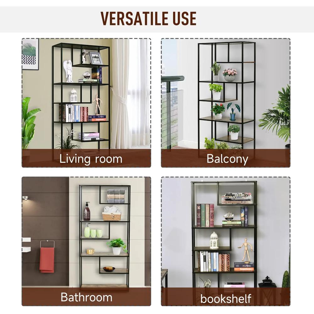 HOMCOM 6 Tier Bookcase, Industrial Tall Shelf Unit with Steel Frame for Home Office, Study, Living Room, Hallway, 82 x 33.5 x 175 cm, Rustic Brown and Black Additional View 6