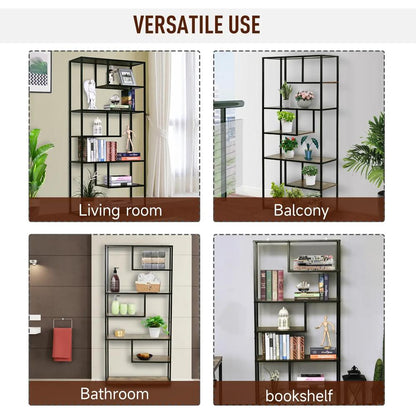HOMCOM 6 Tier Bookcase, Industrial Tall Shelf Unit with Steel Frame for Home Office, Study, Living Room, Hallway, 82 x 33.5 x 175 cm, Rustic Brown and Black Additional View 6