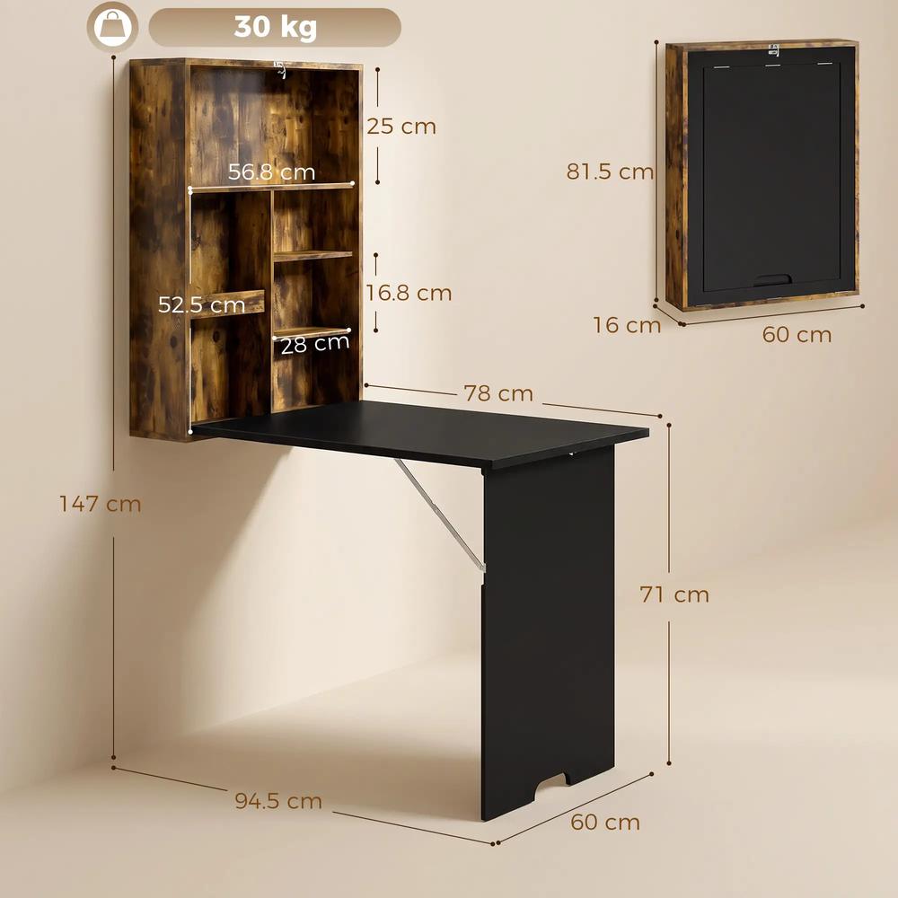 HOMCOM Folding Wall-Mounted Drop-Leaf Table, Convertible Wall Table With Chalkboard and Storage Shelf, Multifunctional Floating Desk for Home Office Additional View 13