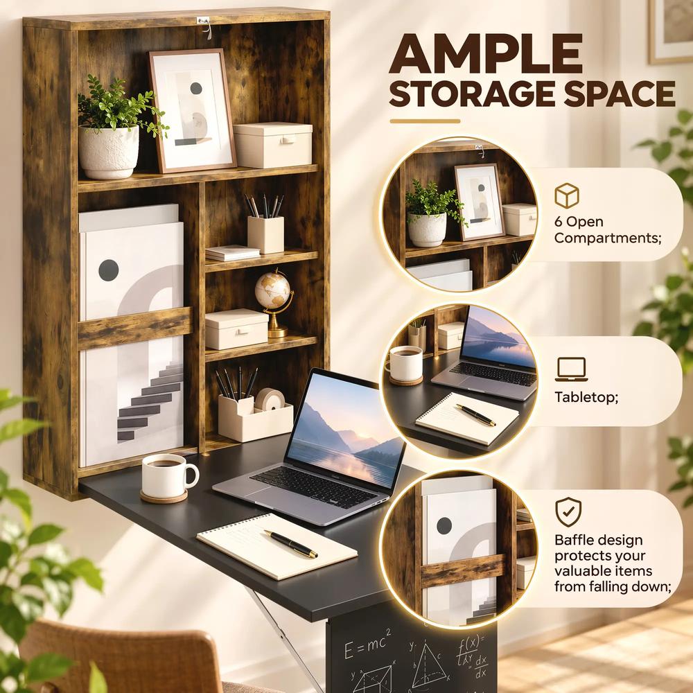 HOMCOM Folding Wall-Mounted Drop-Leaf Table, Convertible Wall Table With Chalkboard and Storage Shelf, Multifunctional Floating Desk for Home Office Additional View 15