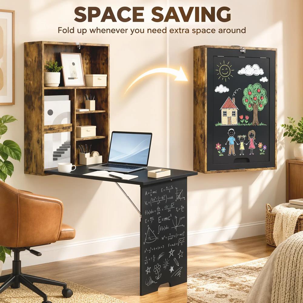 HOMCOM Folding Wall-Mounted Drop-Leaf Table, Convertible Wall Table With Chalkboard and Storage Shelf, Multifunctional Floating Desk for Home Office Additional View 16