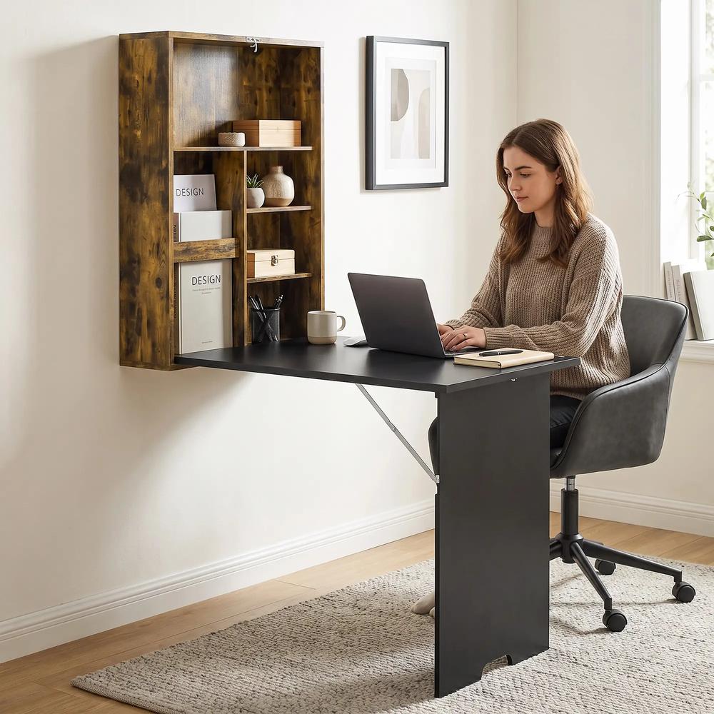 HOMCOM Folding Wall-Mounted Drop-Leaf Table, Convertible Wall Table With Chalkboard and Storage Shelf, Multifunctional Floating Desk for Home Office Additional View 19