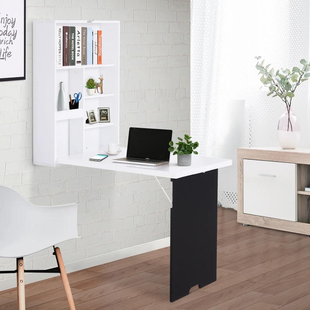 HOMCOM Folding Wall-Mounted Drop-Leaf Table, Convertible Wall Table With Chalkboard and Storage Shelf, Multifunctional Floating Desk for Home Office Additional View 2