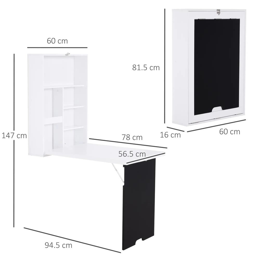 HOMCOM Folding Wall-Mounted Drop-Leaf Table, Convertible Wall Table With Chalkboard and Storage Shelf, Multifunctional Floating Desk for Home Office Additional View 3