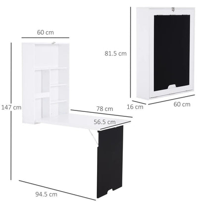 HOMCOM Folding Wall-Mounted Drop-Leaf Table, Convertible Wall Table With Chalkboard and Storage Shelf, Multifunctional Floating Desk for Home Office Additional View 3