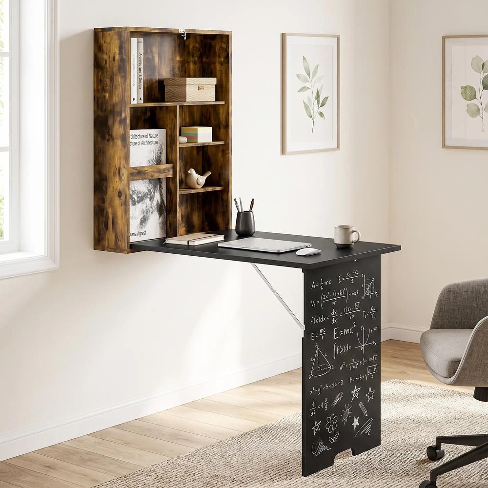 HOMCOM Folding Wall-Mounted Drop-Leaf Table, Convertible Wall Table With Chalkboard and Storage Shelf, Multifunctional Floating Desk for Home Office Additional View 24