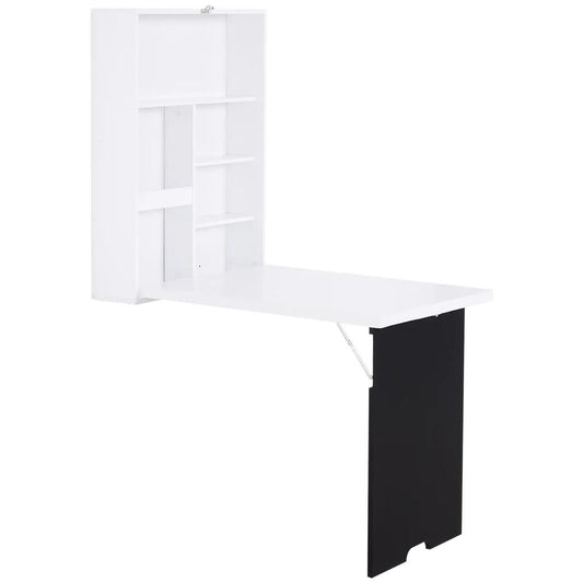 HOMCOM Folding Wall-Mounted Drop-Leaf Table, Convertible Wall Table With Chalkboard and Storage Shelf, Multifunctional Floating Desk for Home Office