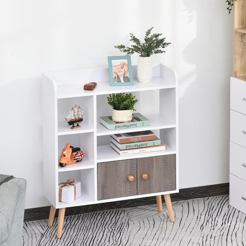 HOMCOM Bookcase, Freestanding Book Shelf with Storage Cabinet, 6 Shelves and Wood Legs for Home Office Display, White and Grey, 24D x 71.8W x 90.8H cm Additional View 2