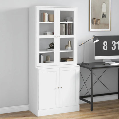 HOMCOM Modern Bookcase with Glass Doors, Display Storage Cabinet with Adjustable Shelves for Living Room, Study, Home Office, Kitchen Cupboard with Small Open Counter, White Additional View 2