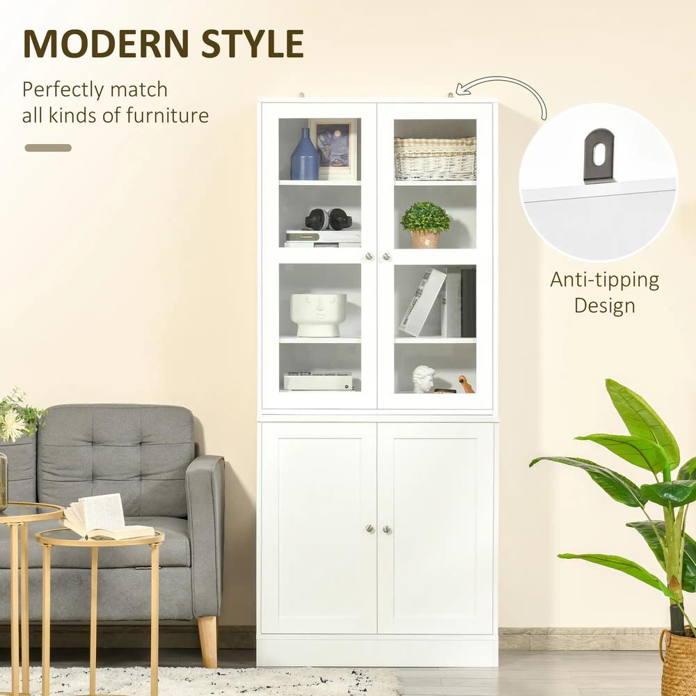 HOMCOM Modern Bookcase with Glass Doors, Display Storage Cabinet with Adjustable Shelves for Living Room, Study, Home Office, Kitchen Cupboard with Small Open Counter, White Additional View 4