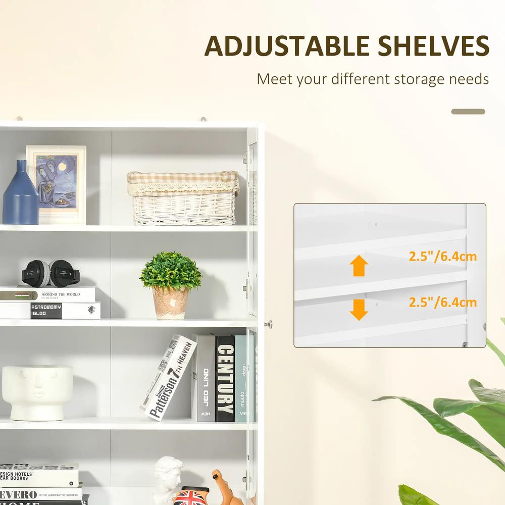 HOMCOM Modern Bookcase with Glass Doors, Display Storage Cabinet with Adjustable Shelves for Living Room, Study, Home Office, Kitchen Cupboard with Small Open Counter, White Additional View 5