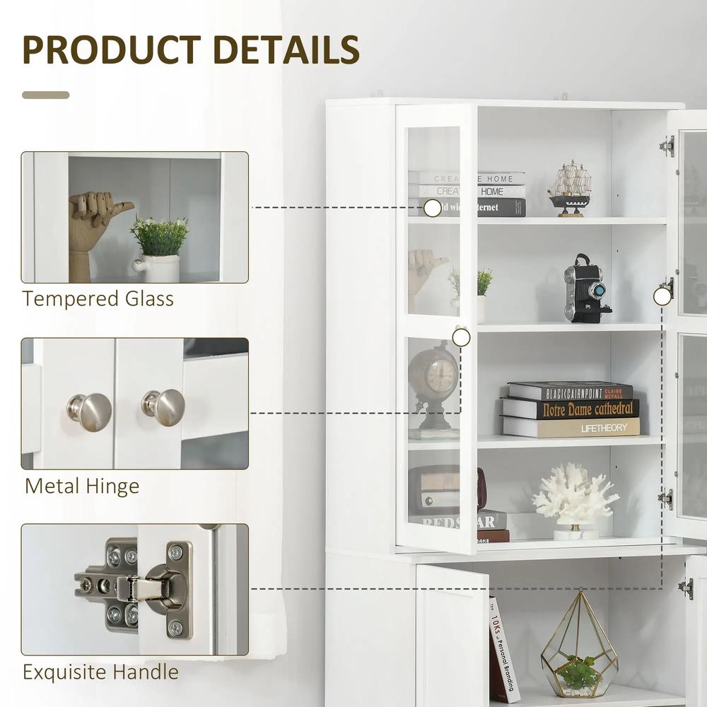 HOMCOM Modern Bookcase with Glass Doors, Display Storage Cabinet with Adjustable Shelves for Living Room, Study, Home Office, Kitchen Cupboard with Small Open Counter, White Additional View 6