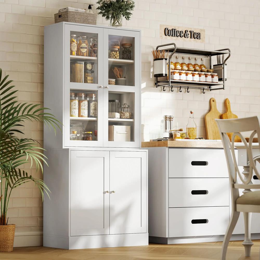 HOMCOM Modern Bookcase with Glass Doors, Display Storage Cabinet with Adjustable Shelves for Living Room, Study, Home Office, Kitchen Cupboard with Small Open Counter, White Additional View 7