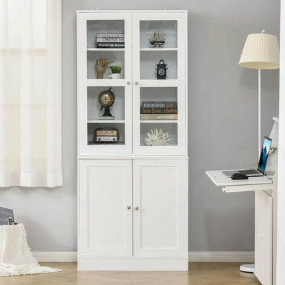 HOMCOM Modern Bookcase with Glass Doors, Display Storage Cabinet with Adjustable Shelves for Living Room, Study, Home Office, Kitchen Cupboard with Small Open Counter, White Additional View 8