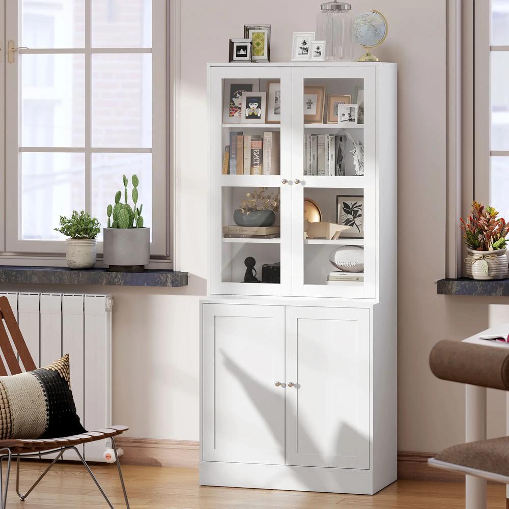 HOMCOM Modern Bookcase with Glass Doors, Display Storage Cabinet with Adjustable Shelves for Living Room, Study, Home Office, Kitchen Cupboard with Small Open Counter, White Additional View 9