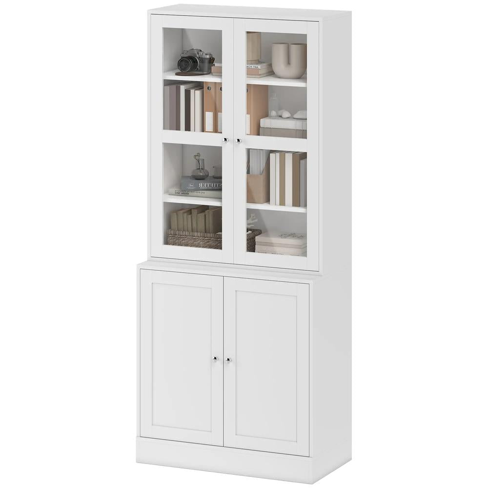 HOMCOM Modern Bookcase with Glass Doors, Display Storage Cabinet with Adjustable Shelves for Living Room, Study, Home Office, Kitchen Cupboard with Small Open Counter, White Additional View 10