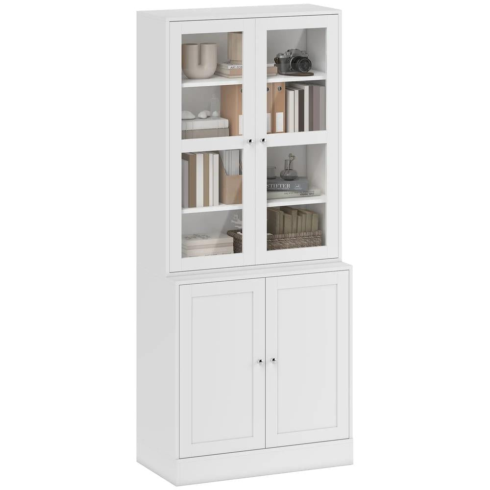 HOMCOM Modern Bookcase with Glass Doors, Display Storage Cabinet with Adjustable Shelves for Living Room, Study, Home Office, Kitchen Cupboard with Small Open Counter, White