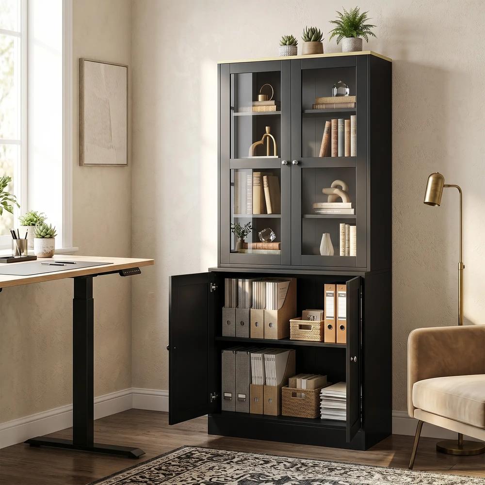 HOMCOM Modern Bookcase Display Storage Unit with Glass Doors Adjustable Shelves, Black Additional View 13