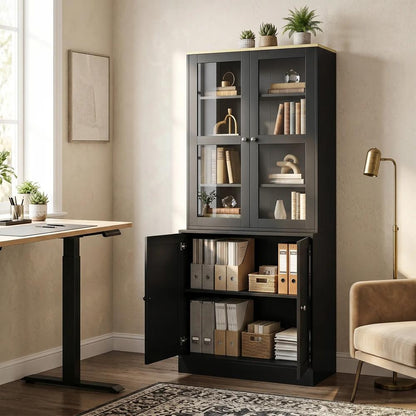 HOMCOM Modern Bookcase Display Storage Unit with Glass Doors Adjustable Shelves, Black Additional View 13