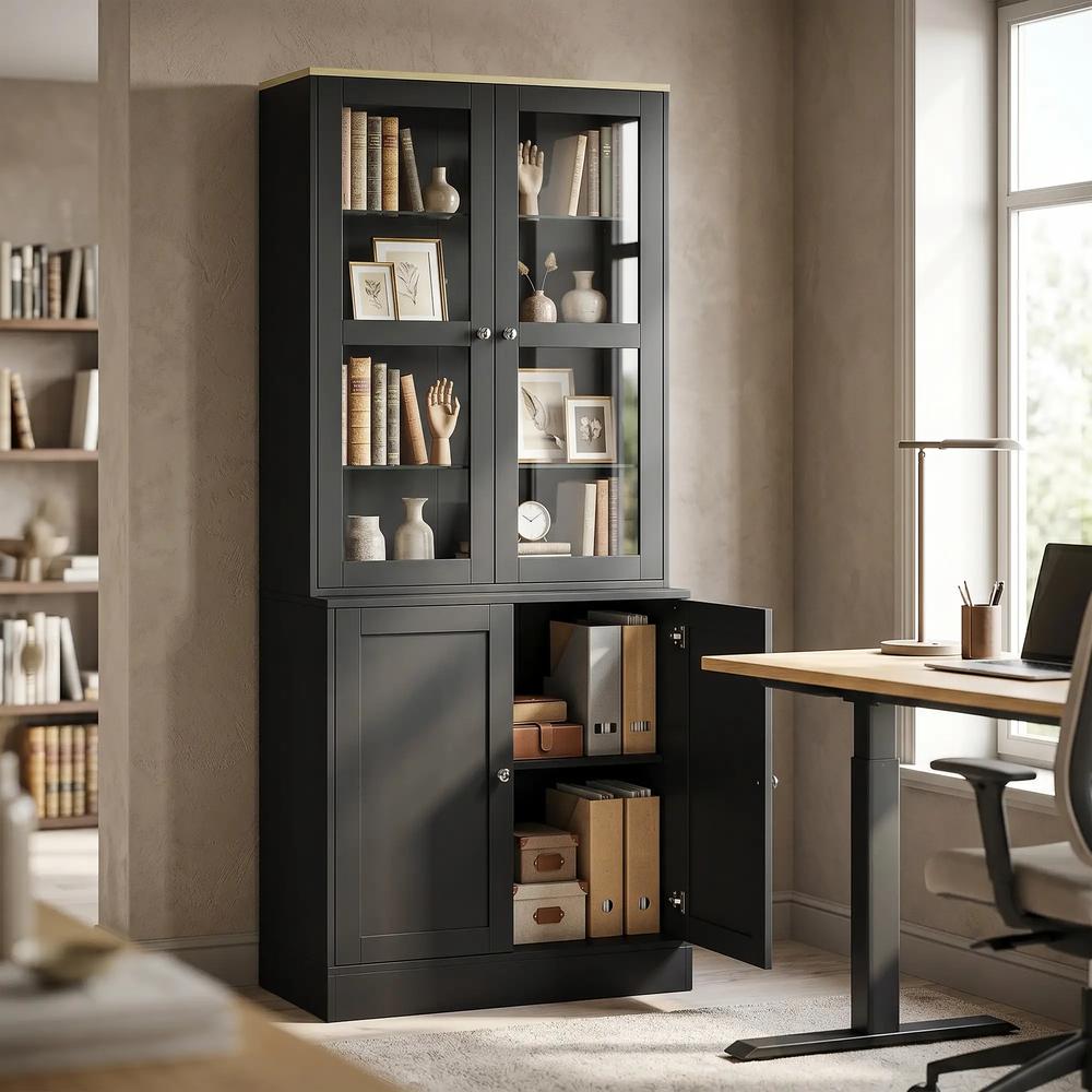 HOMCOM Modern Bookcase Display Storage Unit with Glass Doors Adjustable Shelves, Black Additional View 2