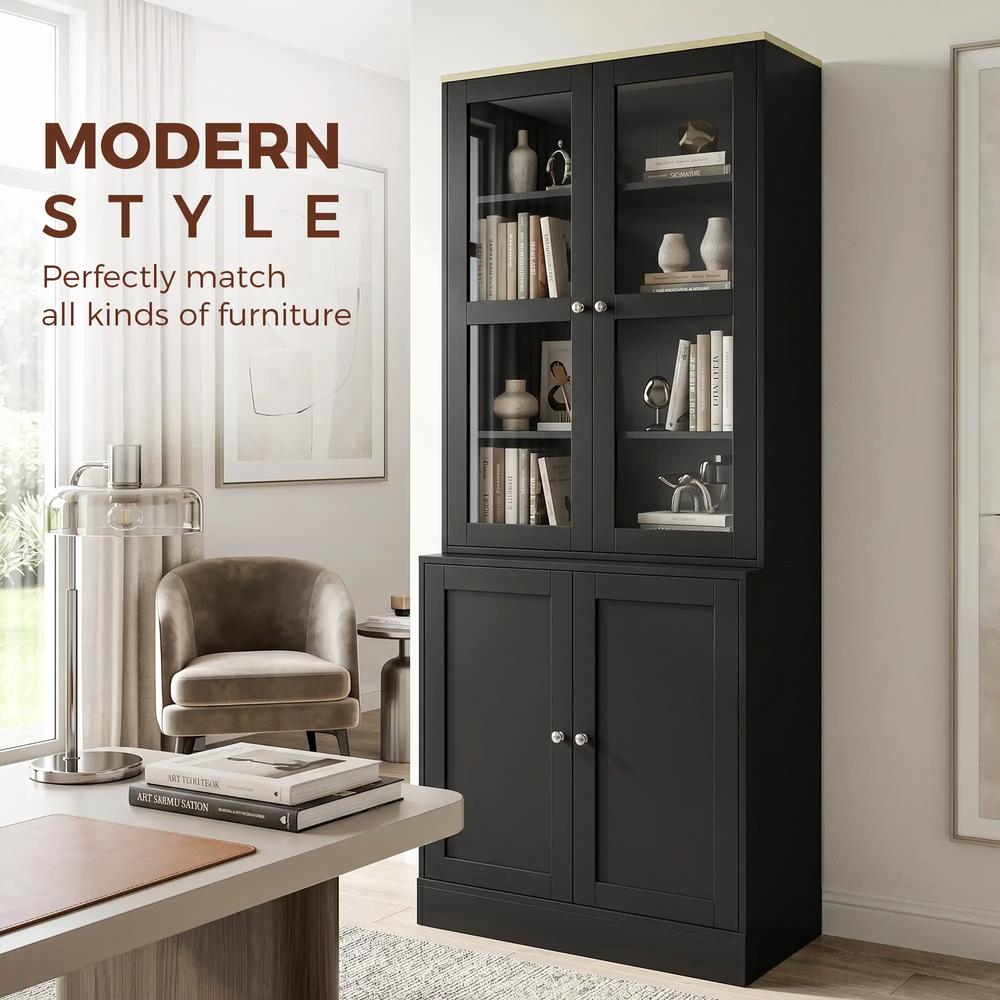 HOMCOM Modern Bookcase Display Storage Unit with Glass Doors Adjustable Shelves, Black Additional View 4