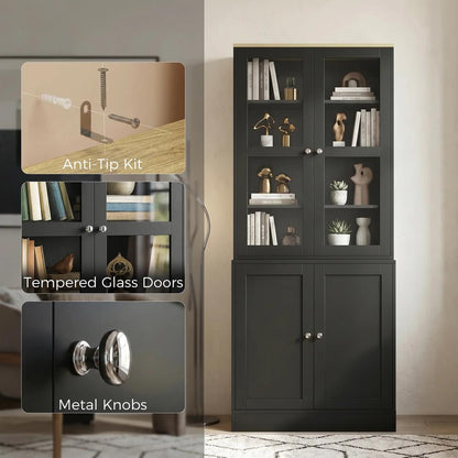 HOMCOM Modern Bookcase Display Storage Unit with Glass Doors Adjustable Shelves, Black Additional View 6