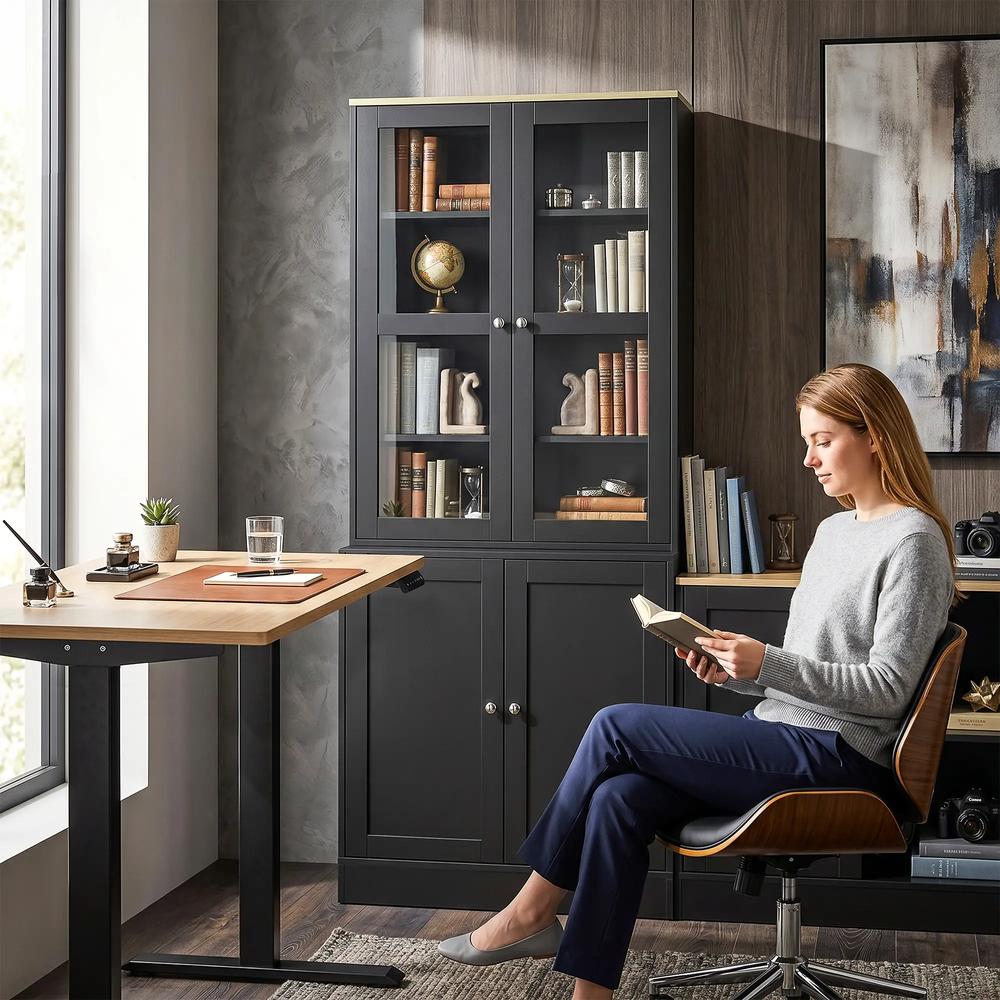 HOMCOM Modern Bookcase Display Storage Unit with Glass Doors Adjustable Shelves, Black Additional View 7