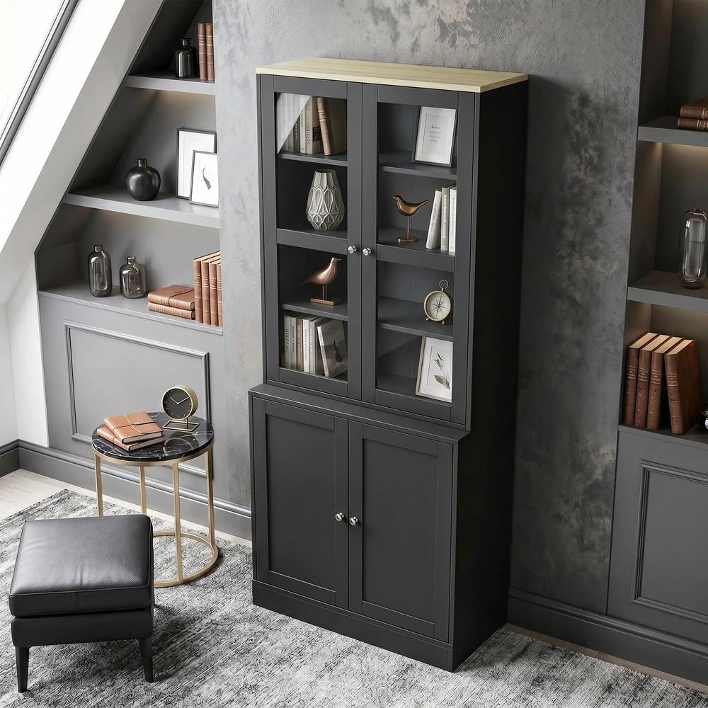 HOMCOM Modern Bookcase Display Storage Unit with Glass Doors Adjustable Shelves, Black Additional View 8
