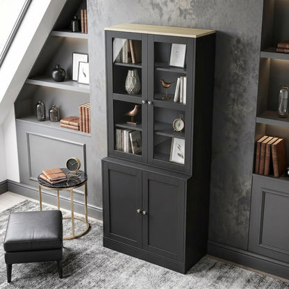 HOMCOM Modern Bookcase Display Storage Unit with Glass Doors Adjustable Shelves, Black Additional View 8
