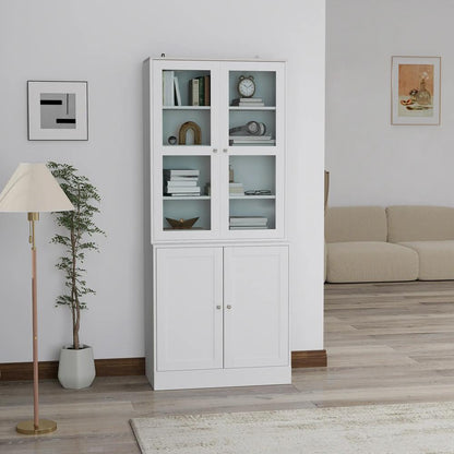 HOMCOM Double Storage Display Cabinet with Adjustable Shelves, MDF - White Additional View 2