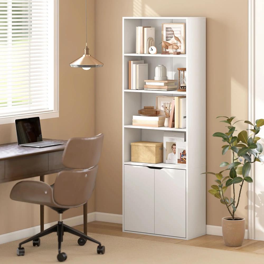 HOMCOM 6-Tier Tall Bookcase, Bookshelf with 4 Open Shelves and Double Door Storage Cabinet, Freestanding Display Rack for Home Office, Study, 59 x 29 x 180cm, White Additional View 2