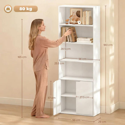 HOMCOM 6-Tier Tall Bookcase, Bookshelf with 4 Open Shelves and Double Door Storage Cabinet, Freestanding Display Rack for Home Office, Study, 59 x 29 x 180cm, White Additional View 3
