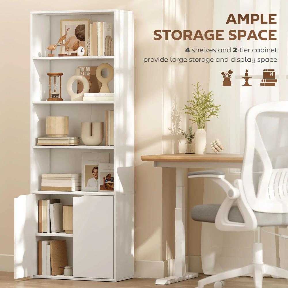 HOMCOM 6-Tier Tall Bookcase, Bookshelf with 4 Open Shelves and Double Door Storage Cabinet, Freestanding Display Rack for Home Office, Study, 59 x 29 x 180cm, White Additional View 4