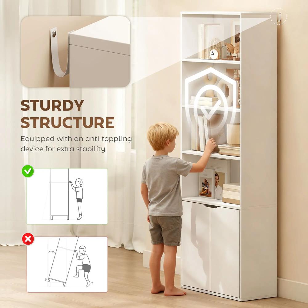 HOMCOM 6-Tier Tall Bookcase, Bookshelf with 4 Open Shelves and Double Door Storage Cabinet, Freestanding Display Rack for Home Office, Study, 59 x 29 x 180cm, White Additional View 5
