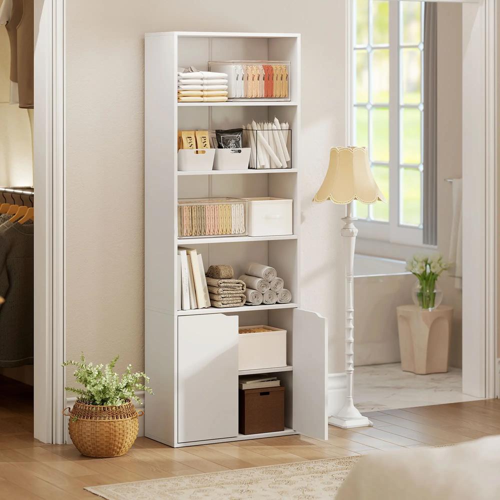 HOMCOM 6-Tier Tall Bookcase, Bookshelf with 4 Open Shelves and Double Door Storage Cabinet, Freestanding Display Rack for Home Office, Study, 59 x 29 x 180cm, White Additional View 9