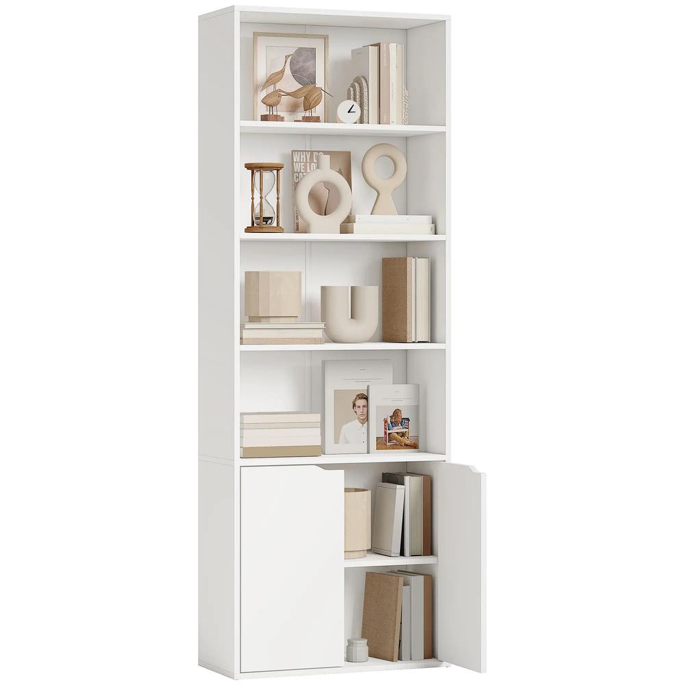 HOMCOM 6-Tier Tall Bookcase, Bookshelf with 4 Open Shelves and Double Door Storage Cabinet, Freestanding Display Rack for Home Office, Study, 59 x 29 x 180cm, White