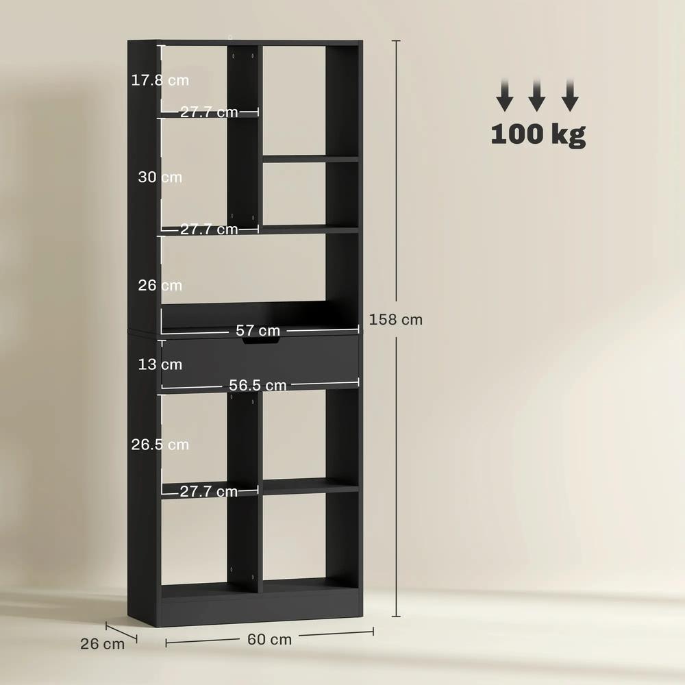 HOMCOM Tall Bookshelf with Drawer, Freestanding Bookcase for Bedroom, Living Room, Home Office, Black Additional View 3