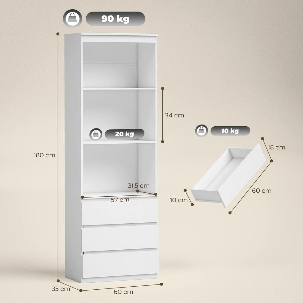 HOMCOM 180cm Tall Bookcase, with Shelves and Drawers - White Additional View 3