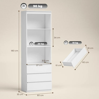HOMCOM 180cm Tall Bookcase, with Shelves and Drawers - White Additional View 3