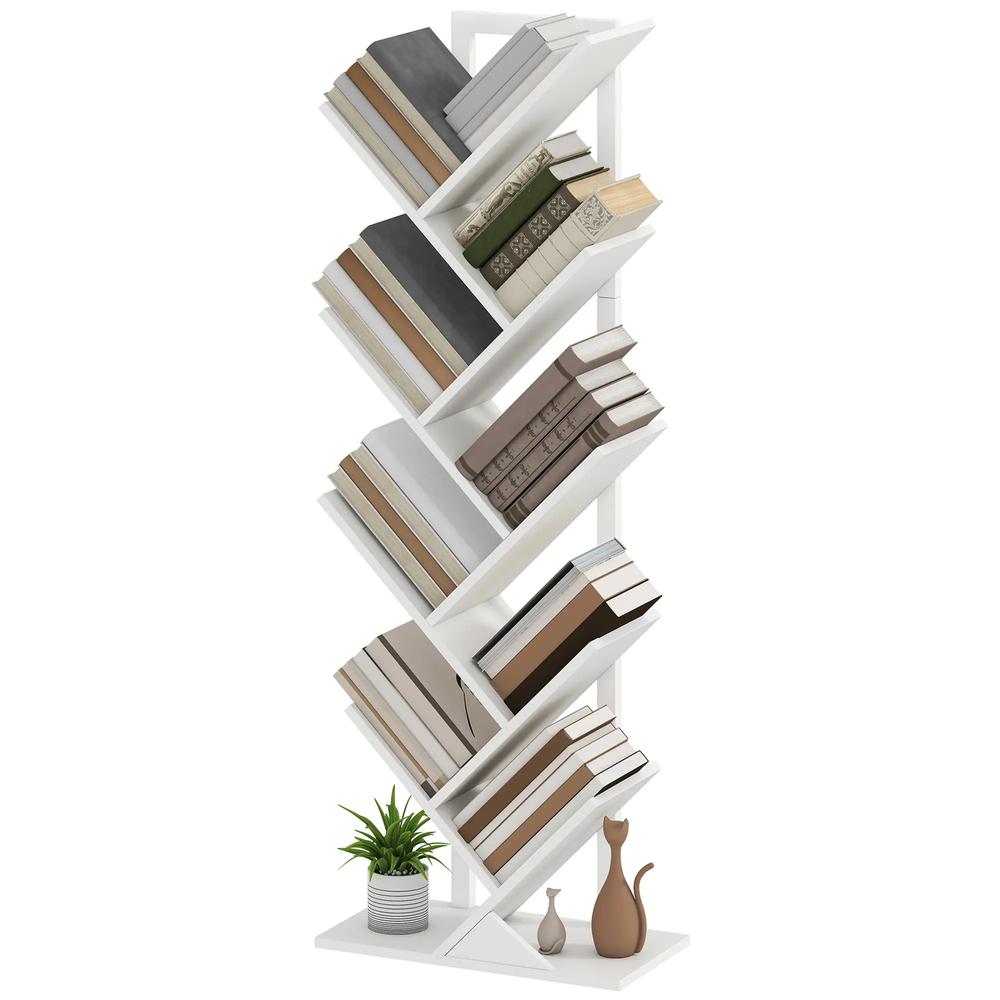 HOMCOM 9-Tier Tree Bookshelf, Industrial Free Standing Bookcase with Steel Frame, Display Storage White Additional View 11