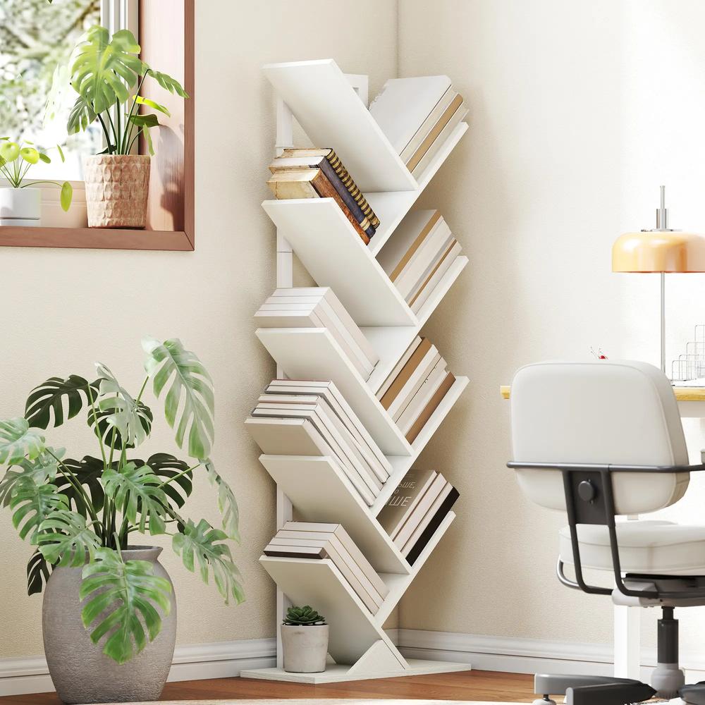 HOMCOM 9-Tier Tree Bookshelf, Industrial Free Standing Bookcase with Steel Frame, Display Storage White Additional View 2